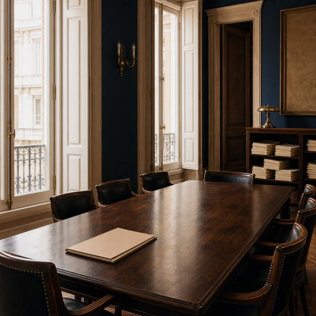 An empty boardroom table of dark wood with a single closed folder at one end, tall windows, navy shadow