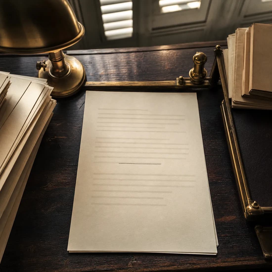 An overhead of a contract page on a dark wood desk, one paragraph faintly underlined in pencil under a brass lamp